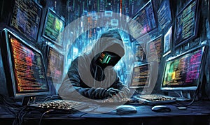 Hooded figure hacking multiple computers in a dark room filled with code screens