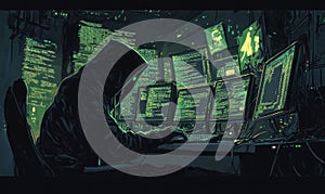 Hooded figure hacking multiple computers in a dark room filled with code screens