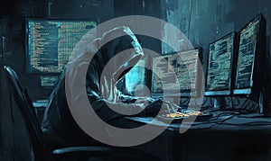Hooded figure hacking multiple computers in a dark room filled with code screens