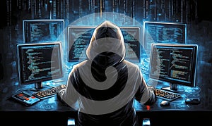 Hooded figure hacking multiple computers in a dark room filled with code screens
