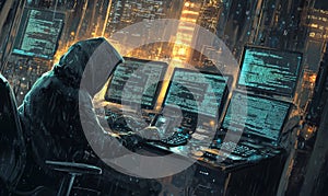 Hooded figure hacking multiple computers in a dark room filled with code screens
