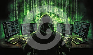 Hooded figure hacking multiple computers in a dark room filled with code screens