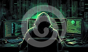 Hooded figure hacking multiple computers in a dark room filled with code screens