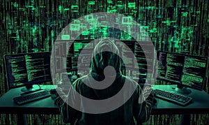 Hooded figure hacking multiple computers in a dark room filled with code screens