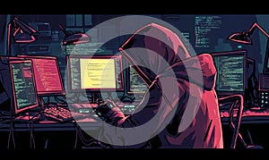 Hooded figure hacking multiple computers in a dark room filled with code screens