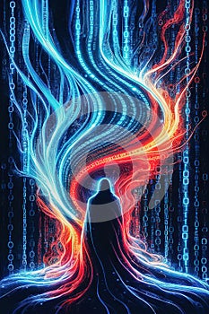 A hooded figure standing with a background of swirling binary code