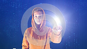 Hooded girl points with her hand in a cyberspace digital environment, ideal for topics such as ecology and online safety