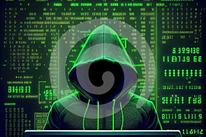 hooded hacker against green background with computer code. Generative AI