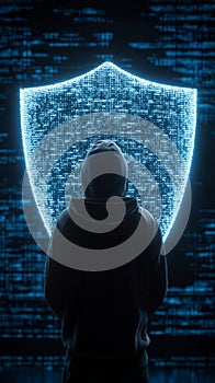 Hooded hacker figure standing by digital security shield