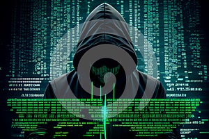 hooded hacker on green code background. Generative AI