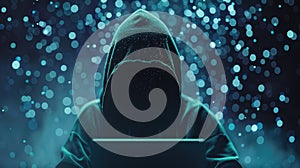 The hooded hacker at laptop.AI generated image