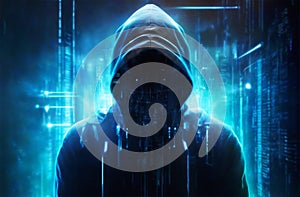Hooded hacker man wearing a hoodie with binary code background