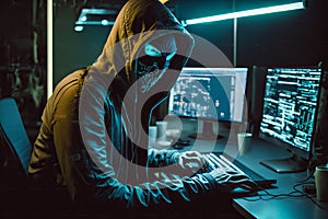 Hooded Hacker with mask using Laptop Break or Attack into Data server. Hacking, Coding or Malware concept. Generative Ai