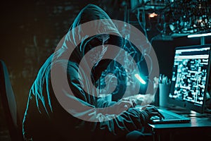 Hooded Hacker with mask using Laptop Break or Attack into Data server. Hacking, Coding or Malware concept. Generative Ai