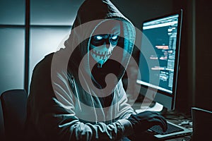 Hooded Hacker with mask using Laptop Break or Attack into Data server. Hacking, Coding or Malware concept. Generative Ai
