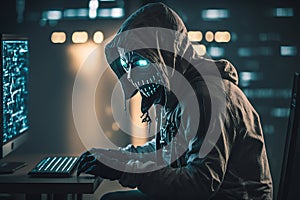 Hooded Hacker with mask using Laptop Break or Attack into Data server. Hacking, Coding or Malware concept. Generative Ai