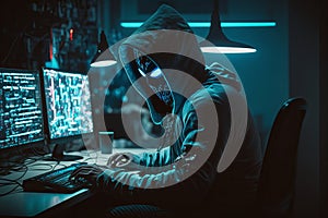Hooded Hacker with mask using Laptop Break or Attack into Data server. Hacking, Coding or Malware concept. Generative Ai