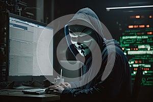 Hooded Hacker with mask using Laptop Break or Attack into Data server. Hacking, Coding or Malware concept. Generative Ai