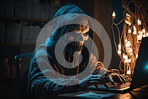 Hooded Hacker with mask using Laptop Break or Attack into Data server. Hacking, Coding or Malware concept. Generative Ai