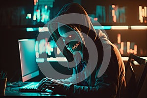 Hooded Hacker with mask using Laptop Break or Attack into Data server. Hacking, Coding or Malware concept. Generative Ai