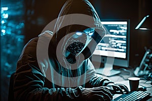 Hooded Hacker with mask using Laptop Break or Attack into Data server. Hacking, Coding or Malware concept. Generative Ai