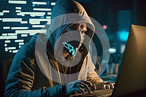 Hooded Hacker with mask using Laptop Break or Attack into Data server. Hacking, Coding or Malware concept. Generative Ai