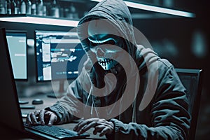 Hooded Hacker with mask using Laptop Break or Attack into Data server. Hacking, Coding or Malware concept. Generative Ai