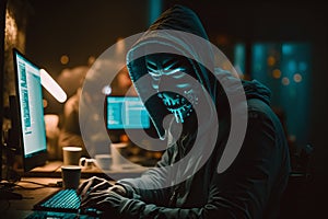Hooded Hacker with mask using Laptop Break or Attack into Data server. Hacking, Coding or Malware concept. Generative Ai