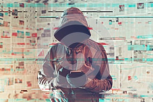 Hooded hacker person using smartphone in infodemic concept