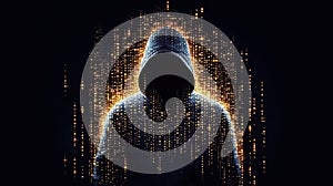 Hooded Hacker Standing in Streaming Digital Code, Cybersecurity Concept, Data Breach, Computer Programming, Network Secu