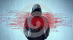 Hooded Hacker Standing in Streaming Digital Code, Cybersecurity Concept, Data Breach, Computer Programming, Network Secu