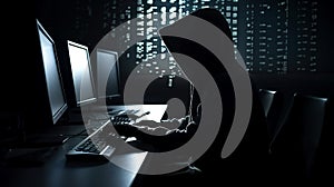 Hooded hacker stealing data from a computer. Dark background. generated by AI