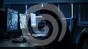 Hooded hacker stealing data from a computer. Dark background. generated by AI