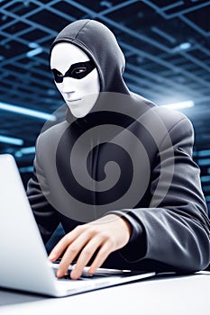 Hooded Hacker using computer for massive data breach attack. Generative Artificial Intelligence