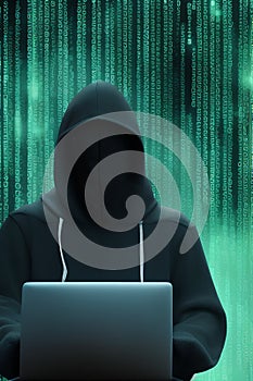 Hooded Hacker using computer for massive data breach attack. Generative Artificial Intelligence