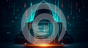 Hooded Hacker Using Laptop with Digital Code Overlay in Dark Cyber Environment