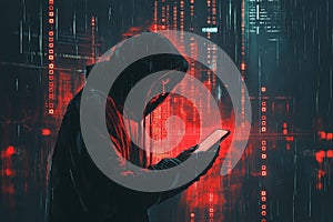 Hacker using smartphone to commit cyber crime in digital environment