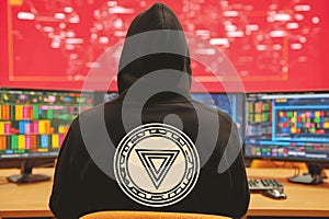 Hooded hacker working on multiple computer screens