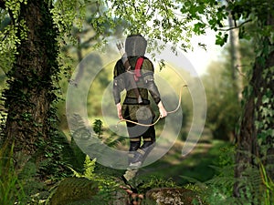 A hooded hunter with bow and arrows walks through a forest