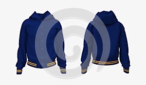 Hooded jacket mockup in front, side and back views