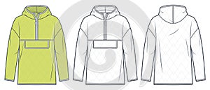 Hooded Jacket technical fashion Illustration. Unisex Lightweight Anorak fashion flat technical drawing template, quilted, pocket