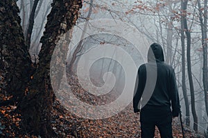 A hooded man back to camera. Standing in a spooky, eerie forest. On a creepy foggy winters day