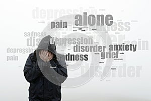 A hooded man holding his head in his hands. With a word cloud of mental health issues. On a plain white background