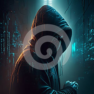 Hooded man in hoodie with binary code on dark background