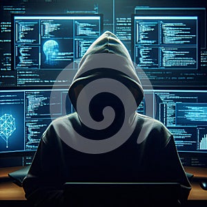 A hooded man sits in front of multiple computer screens displaying lines of code and data. Generative AI