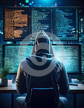 A hooded man sits in front of multiple computer screens displaying lines of code and data. Generative AI