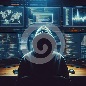 A hooded man sits in front of multiple computer screens displaying lines of code and data. Generative AI