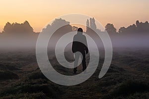 A hooded man standing in a misty field back to camera looking into the sky, Just before sunrise