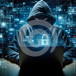 Hooded masked hacker scammer using laptop cyber security breach