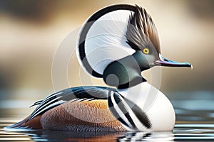 Hooded Merganser Couple Colorful Multi-colored Plumage Swimming Marsh Waterfowl Springtime Morning Sunrise AI Generated